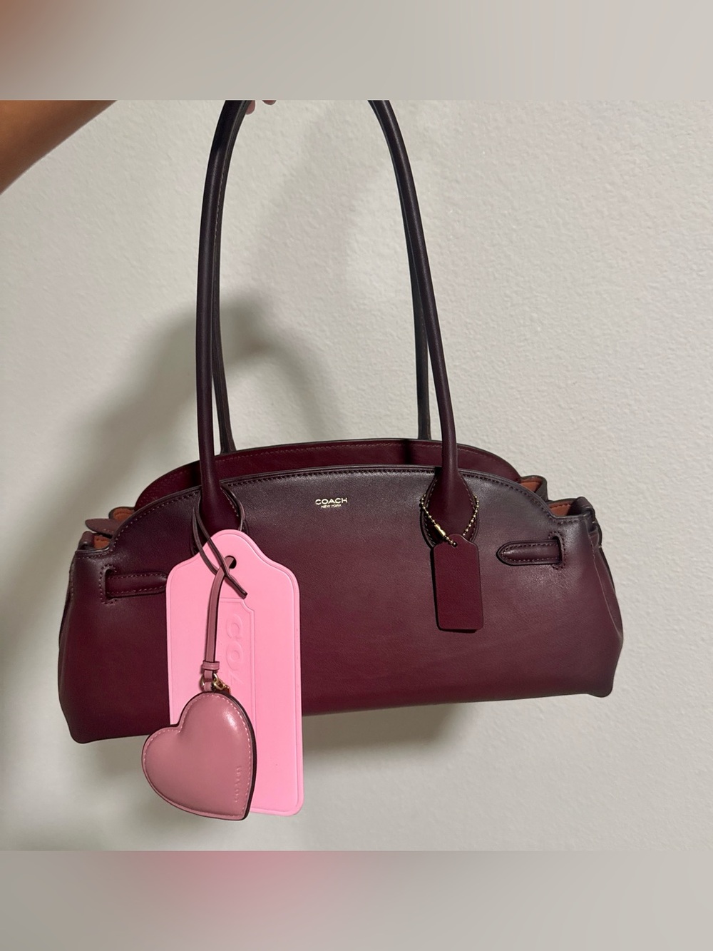 Coach Burgundy Leather Shoulder Bag with Pink Heart Tag